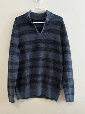 Chaps Men's Blue and Gray Zip-Front Striped Sweater